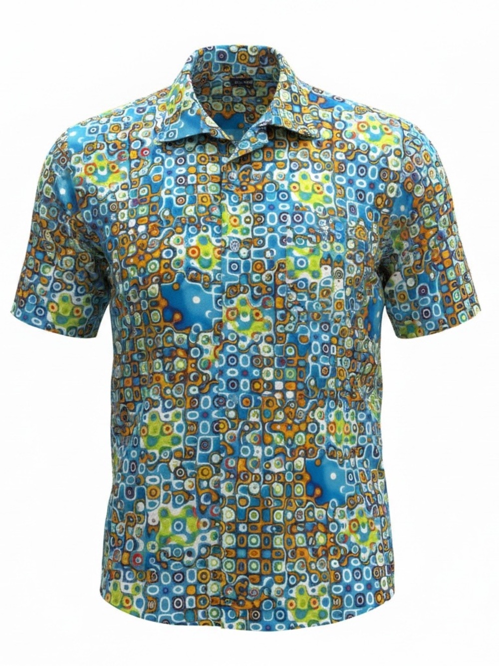 Vibrant Blue & Green Geometric Short-Sleeve Button-Down Shirt